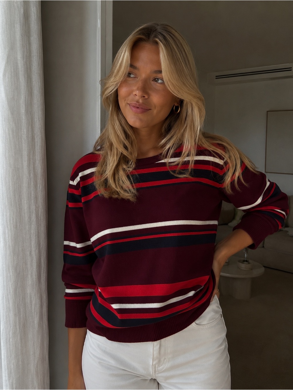 GAP Burgundy & White Lightweight Striped Oversized Sweater Y2K Scandi Preppy XXL